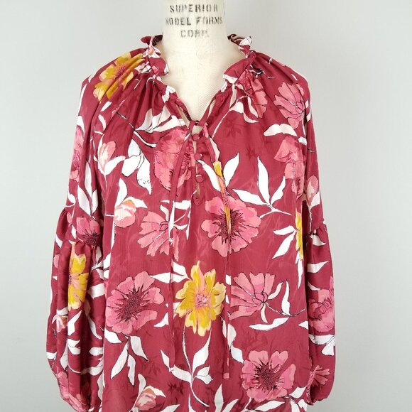 Lovestitch Pretty Rust Floral Blouse with Lantern Sleeves * Ladies Size Small - Picture 2 of 8